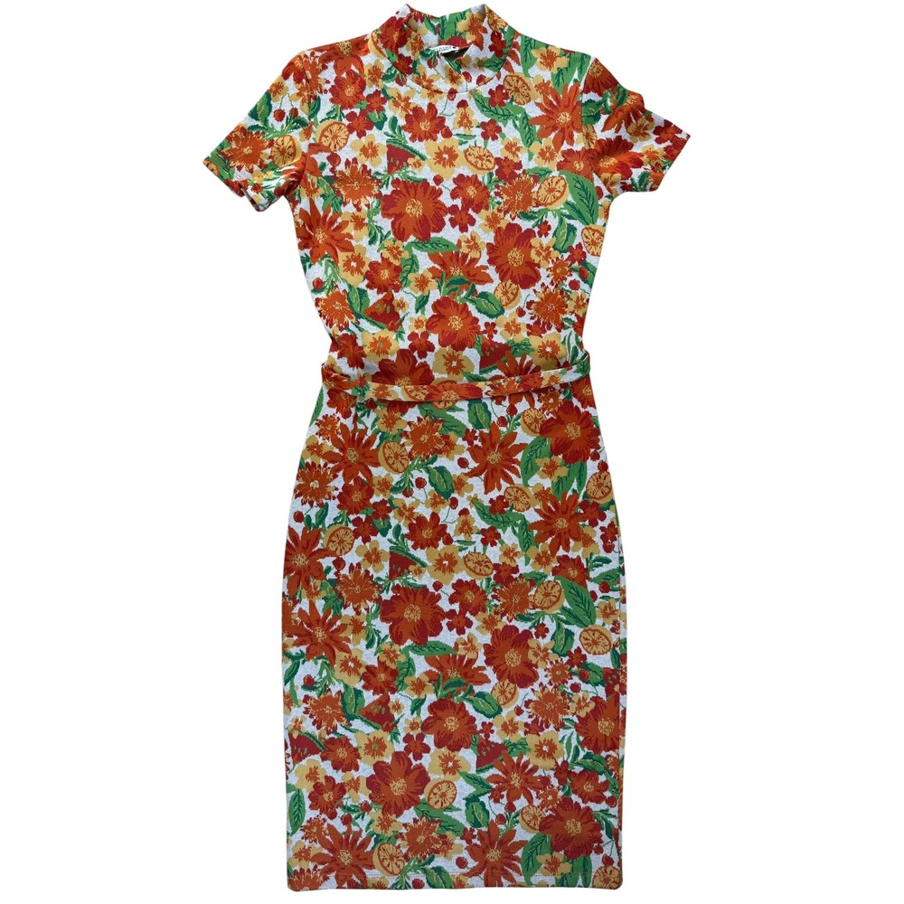 Zara Small Retro Floral Jacquard Mock Neck Belted Sheath Dress